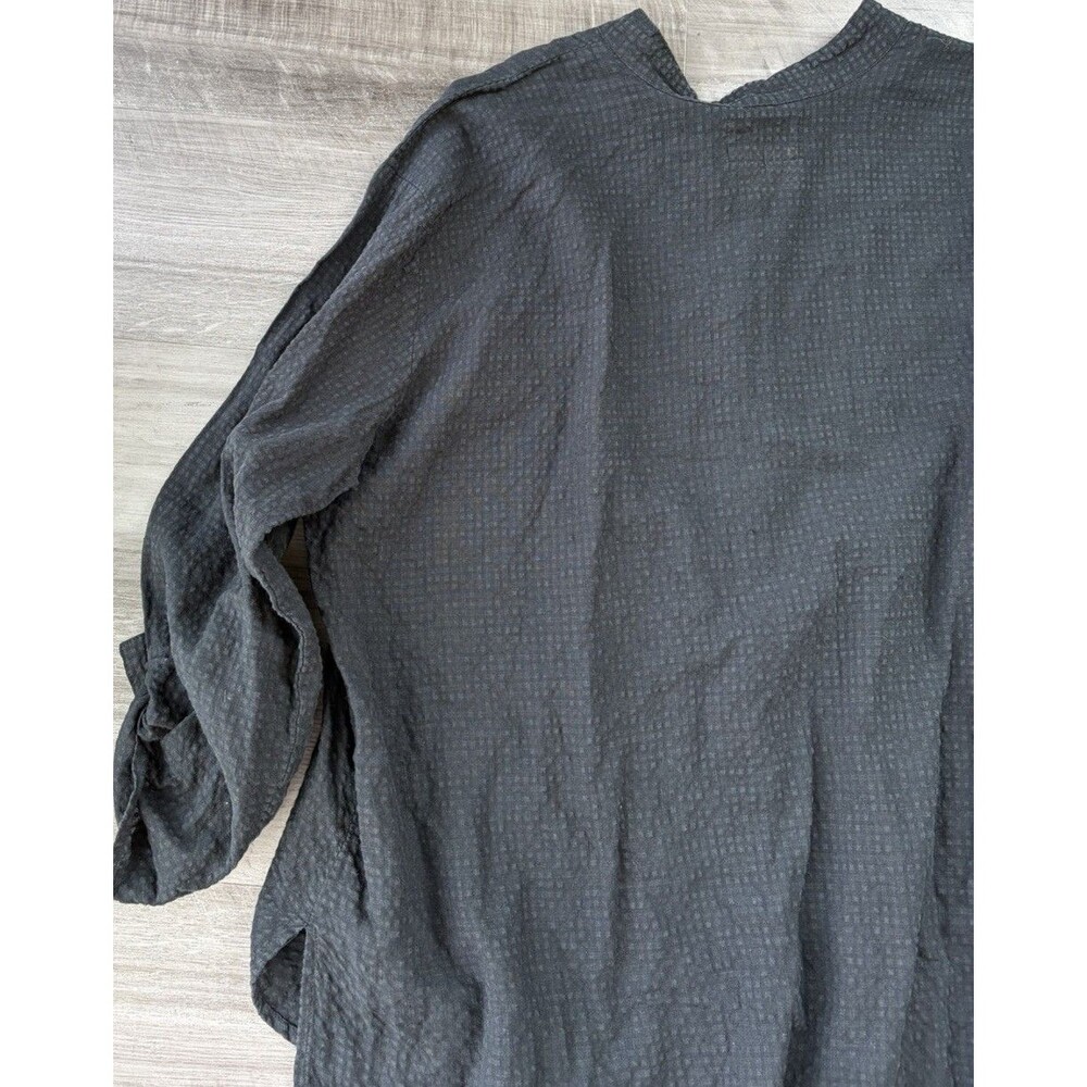 FLAX Linen Blend Mandarin Collar Shirt Womens L Black Waffle Texture Tunic - Picture 5 of 6